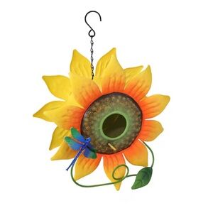 NWT- Beautiful Metal Sunflower Bird Feeder with Dragonfly Accent